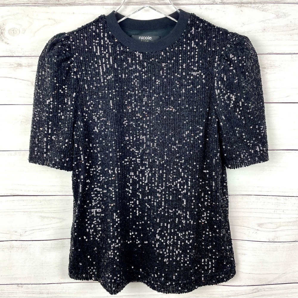 nicole by Nicole Miller Black Sequin Puff Sleeve Top - Picture 2 of 7